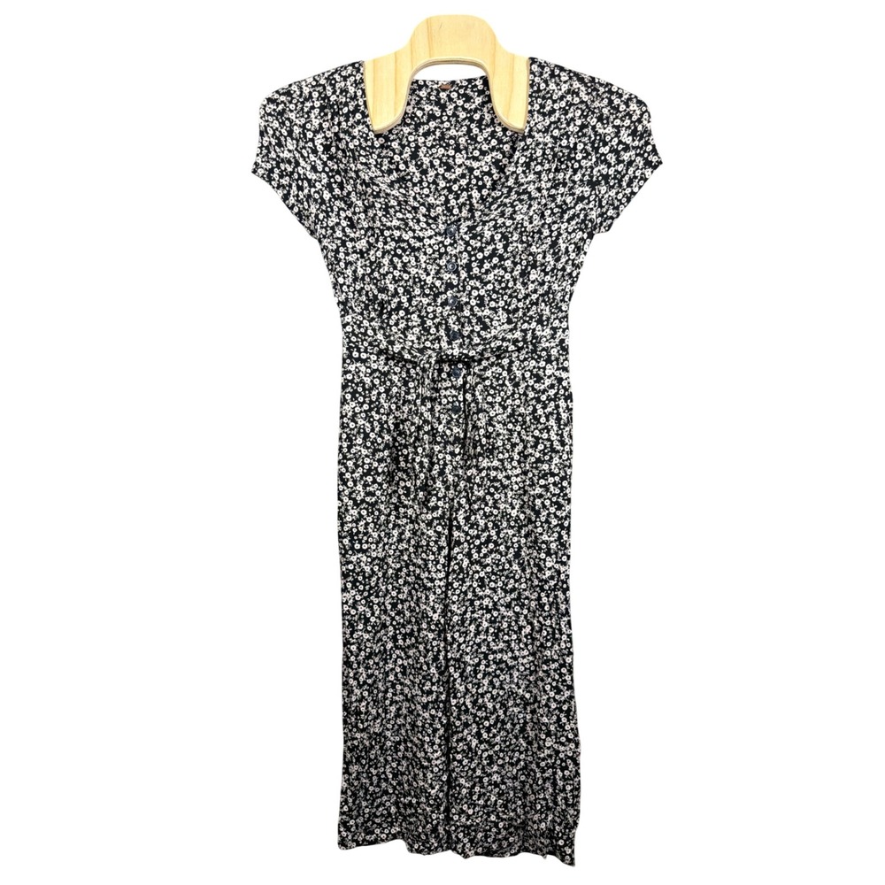 Free People Jumpsuit Womens Small Ditsy Floral Black White Wide Leg Button Front